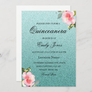 Floral Teal faux glitter Quinceanera Invitation