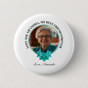 Floral Teal Frame Grandkid to Grandma Photo 6 Cm Round Badge