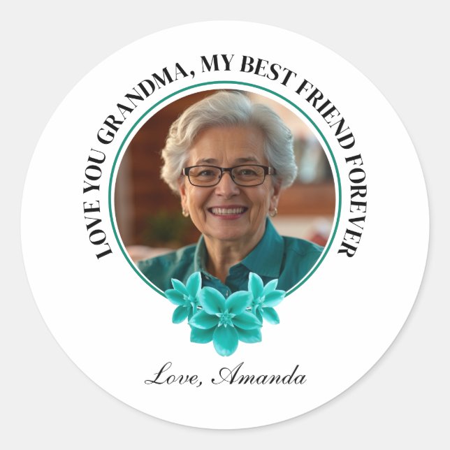 Floral Teal Frame Grandkid to Grandma Photo Classic Round Sticker (Front)
