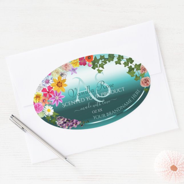 Floral Teal Gradient Product Labels with Monogram (Envelope)