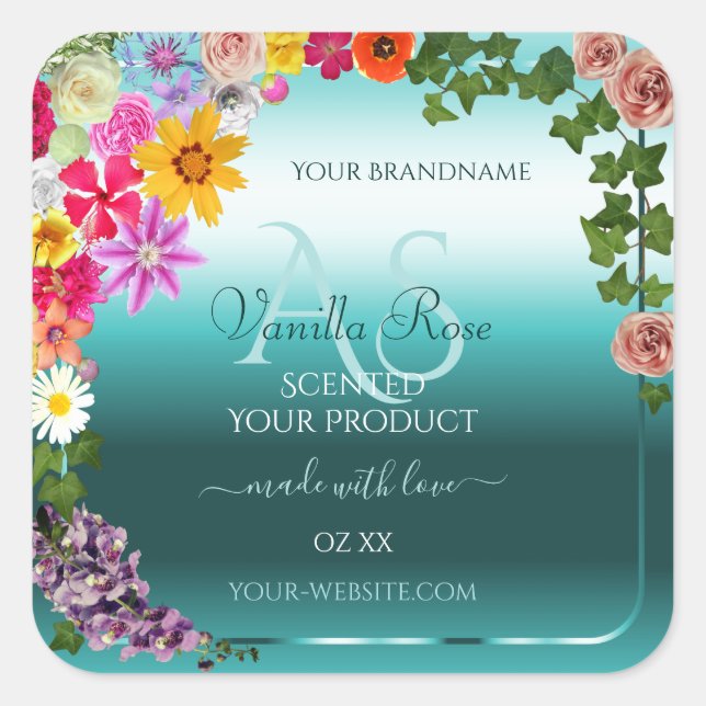 Floral Teal Gradient Product Labels with Monogram (Front)