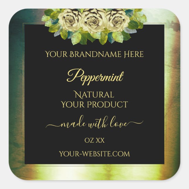 Floral Teal Green Marble Black Product Label Roses (Front)