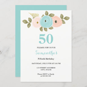 Floral Teal & Peach 50th Birthday Party Invitation