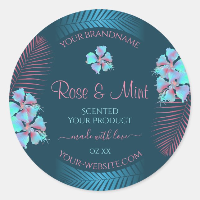 Floral Teal Product Labels Tropic Pink Palm Leaves (Front)
