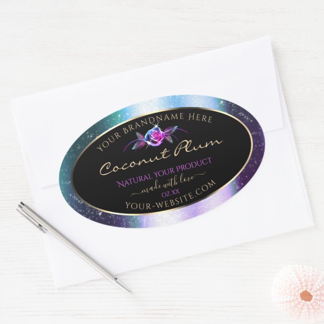 Floral Teal Purple Glitter Black Product Labels (Envelope)