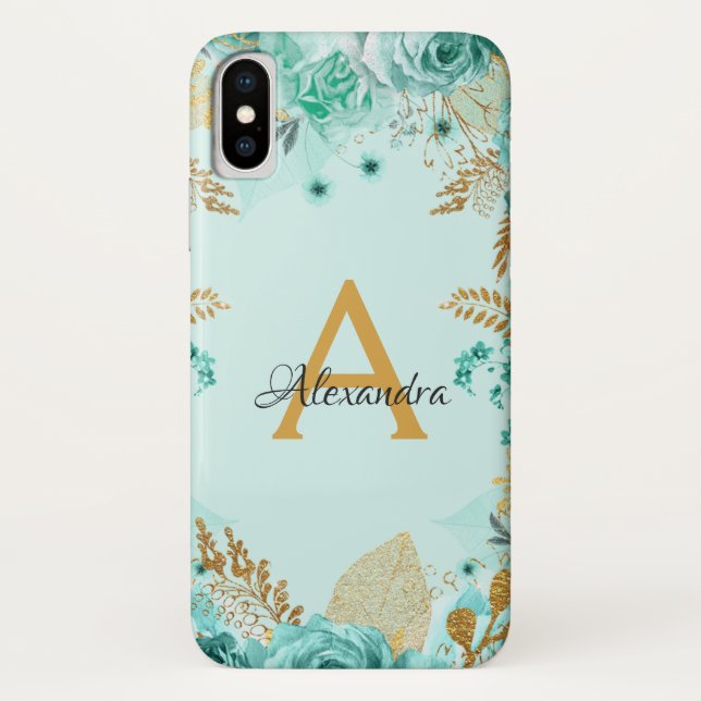 Floral Teal Roses and Gold Foil Monogram Case-Mate iPhone Case (Back)