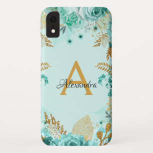 Floral Teal Roses and Gold Foil Monogram Case-Mate iPhone Case