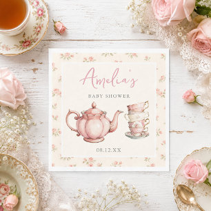 Floral Teapot and Tea Cups Pink Baby Shower  Napkin