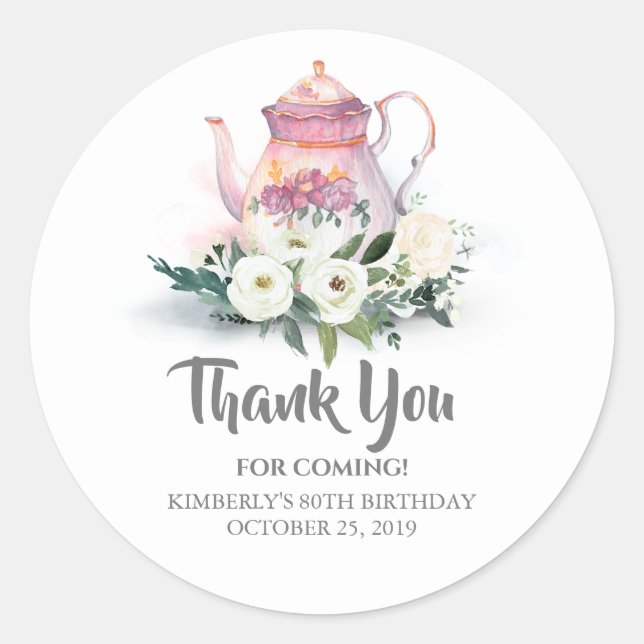 Floral Teapot Birthday Party Thank You Classic Round Sticker (Front)