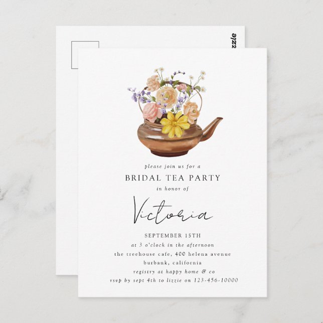 Floral Teapot Bridal Shower Tea Party Invitation Postcard (Front/Back)