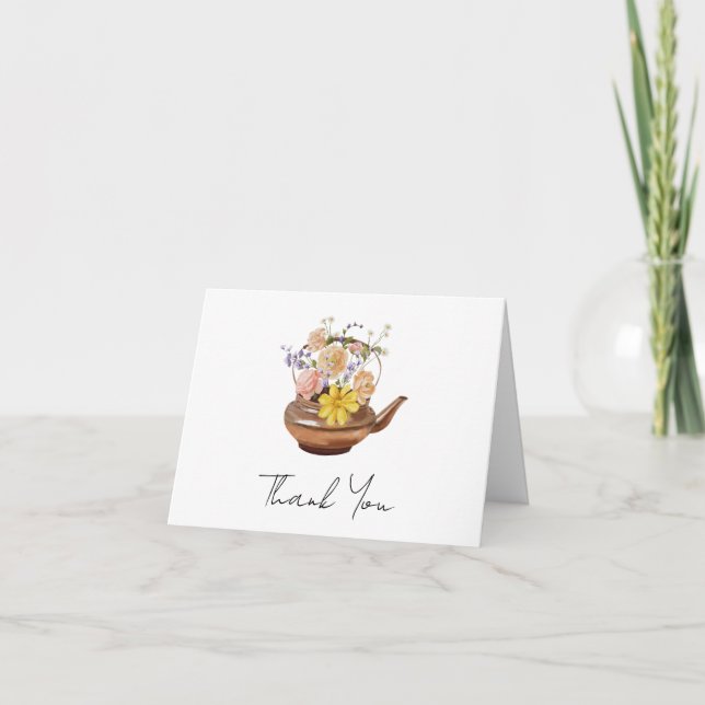 Floral Teapot Bridal Shower Tea Party Thank You Card (Front)