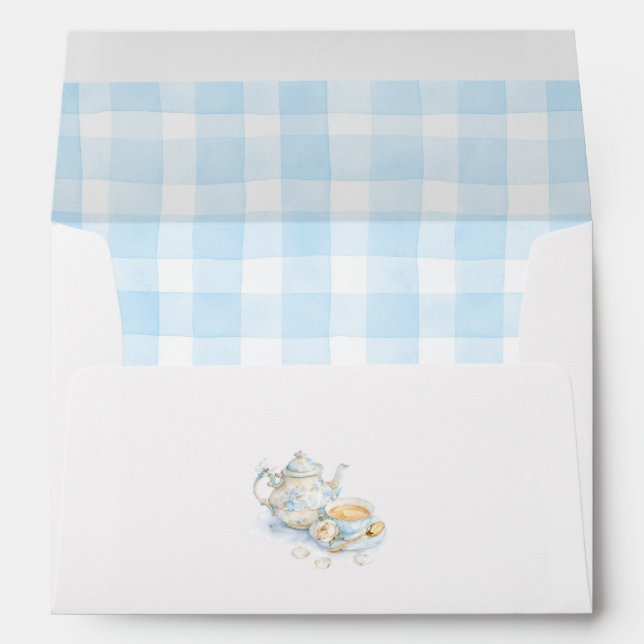 Floral Teapot Cup Of Tea Blue Bow Gingham Envelope (Back (Bottom))