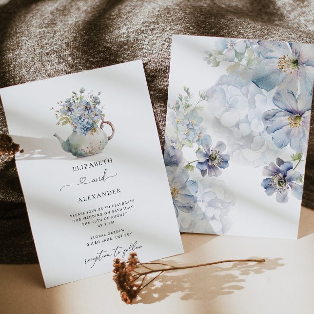 Floral teapot elegant blue wedding invitation (Creator Uploaded)