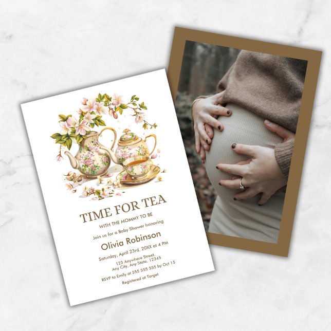 Floral Teapot Photo Time for Tea Baby Shower  Invitation (Floral Teapot Photo Time for Tea Baby Shower Invitation )