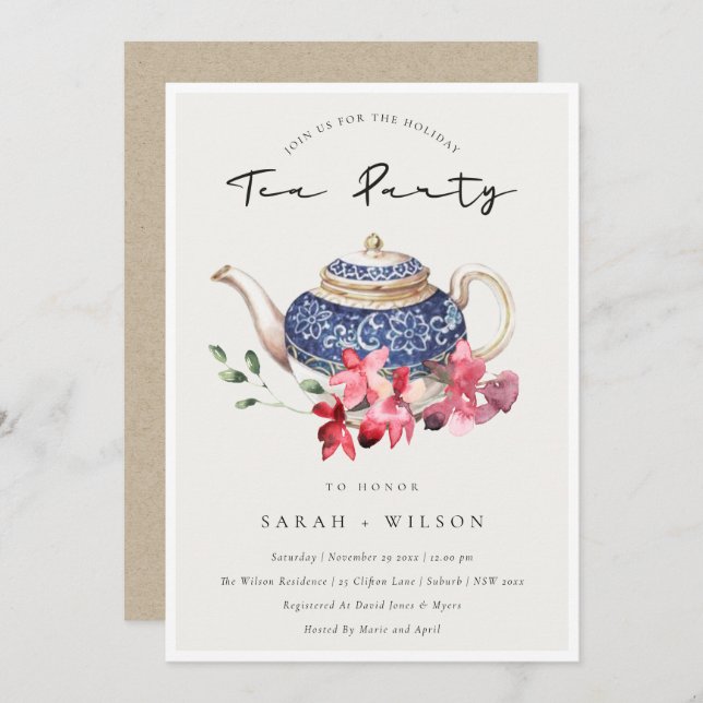 Floral Teapot Red Blue Holiday Tea Party Invite (Front/Back)