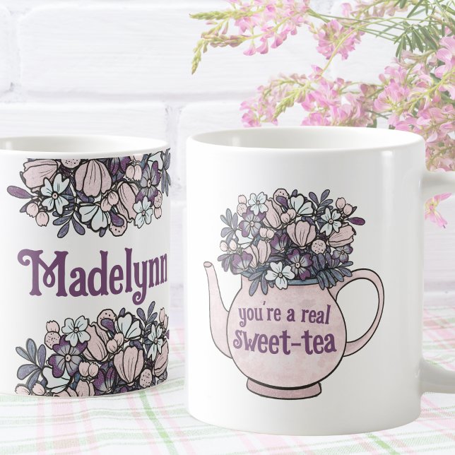 Floral Teapot Sweet Tea Personalised Party Favour Coffee Mug (Personalized Girls Birthday Tea Party Mugs)