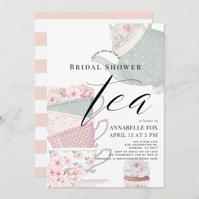 Floral Teapot & Tea Cups Pink Bridal Shower Invitation (Front/Back)
