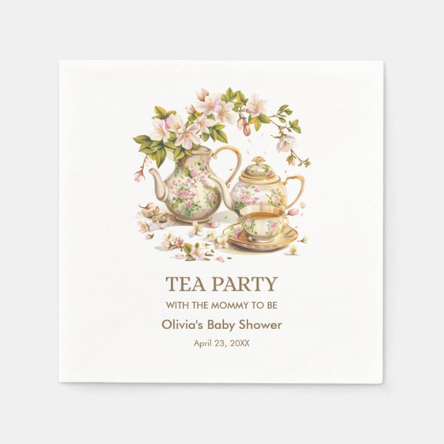 Floral Teapot Tea Party Time for Tea Baby Shower  Napkin (Front)