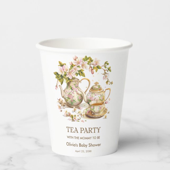 Floral Teapot Tea Party Time for Tea Baby Shower  Paper Cups (Front)
