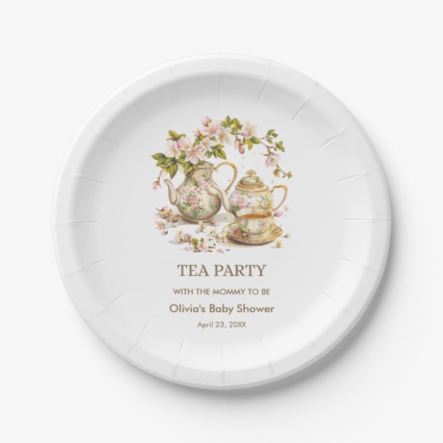 Floral Teapot Tea Party Time for Tea Baby Shower  Paper Plate (Front)