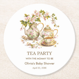 Floral Teapot Tea Party Time for Tea Baby Shower  Round Paper Coaster
