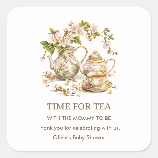 Floral Teapot Time for Tea Baby Shower  Square Sticker (Front)