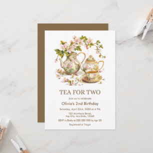 Floral Teapot Time for Two 2nd Birthday  Invitation