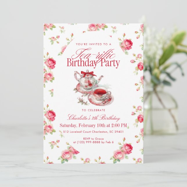 Floral Teapot Watercolor Girl Birthday Tea Party Invitation (Standing Front)