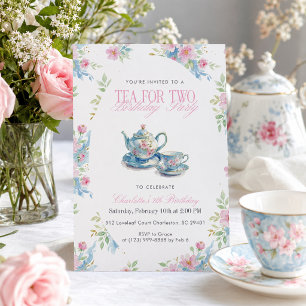 Floral Teapot Watercolor tea for two Birthday Invitation