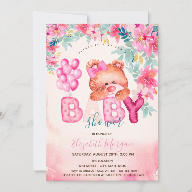 Floral Teddy Bear Baby Shower   Invitation (Front)