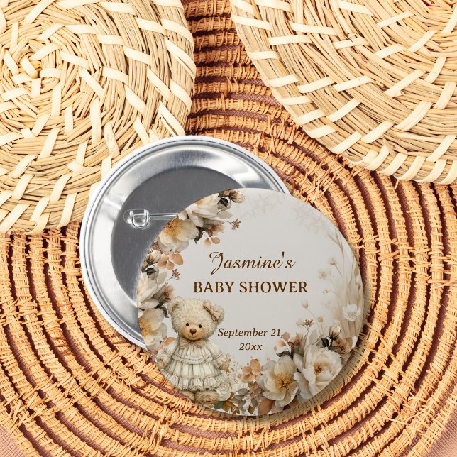 Floral Teddy Bear Baby Shower Party Button (Creator Uploaded)