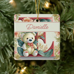 FLoral Teddy Bear letter E personalised Ceramic Ornament