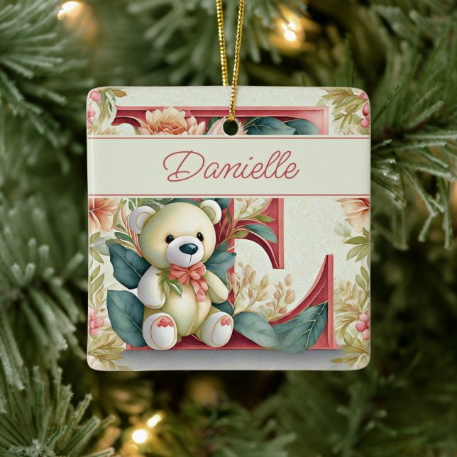 FLoral Teddy Bear letter E personalised Ceramic Ornament (Tree)