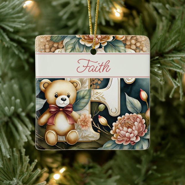 FLoral Teddy Bear letter F personalised Ceramic Ornament (Tree)