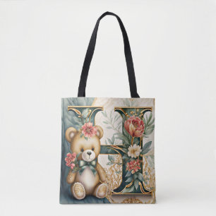 FLoral Teddy Bear letter H Tote Bag