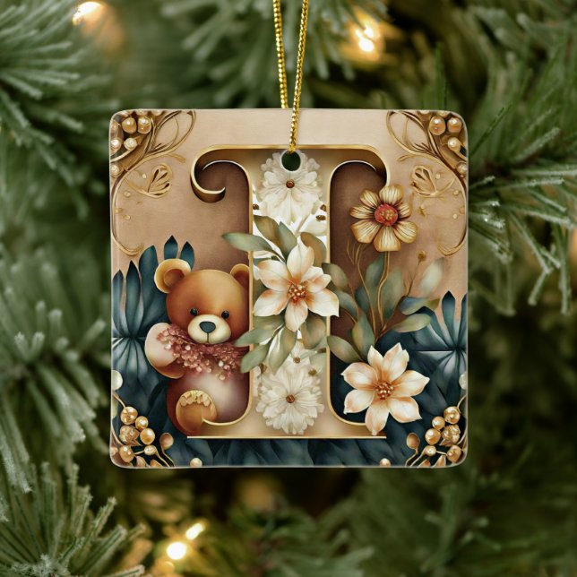 FLoral Teddy Bear letter I Ceramic Ornament (Tree)