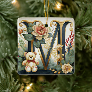 FLoral Teddy Bear letter M Ceramic Ornament