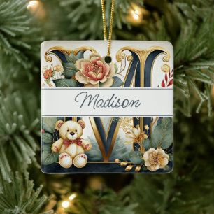 FLoral Teddy Bear letter M personalised Ceramic Ornament