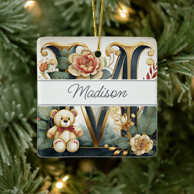 FLoral Teddy Bear letter M personalised Ceramic Ornament (Tree)
