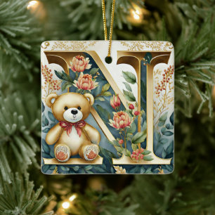 FLoral Teddy Bear letter N Ceramic Ornament