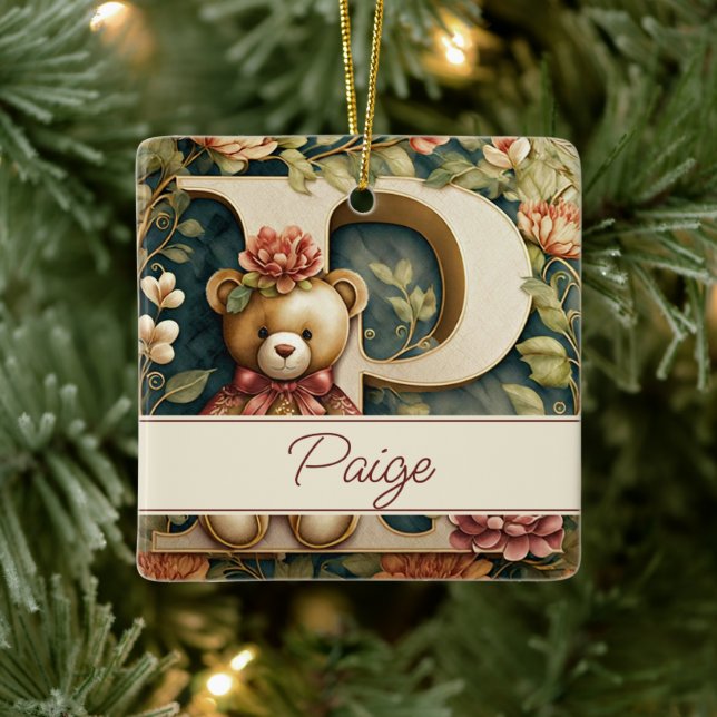 FLoral Teddy Bear letter P personalised Ceramic Ornament (Tree)