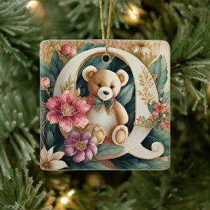 FLoral Teddy Bear letter Q Ceramic Ornament