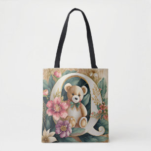 FLoral Teddy Bear letter Q Tote Bag