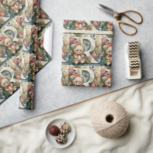 FLoral Teddy Bear letter R Wrapping Paper