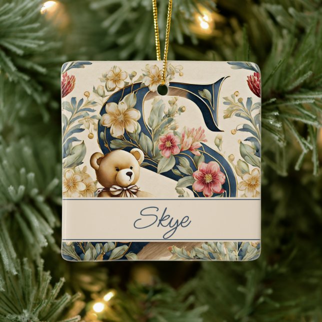 FLoral Teddy Bear letter S personalised Ceramic Ornament (Tree)