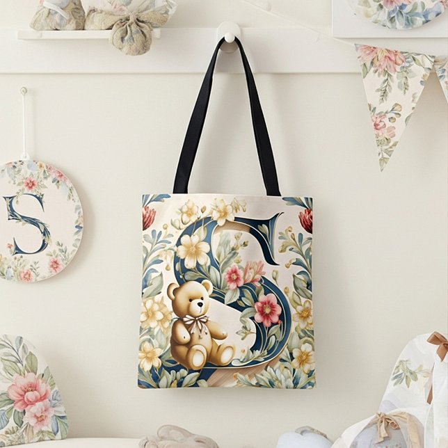 FLoral Teddy Bear letter S Tote Bag (Creator Uploaded)
