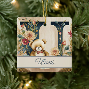 FLoral Teddy Bear letter U personalised Ceramic Ornament