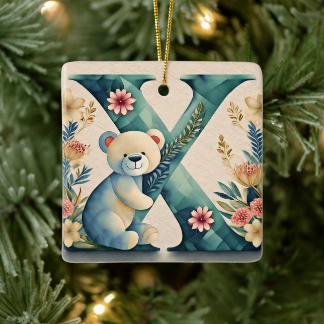 FLoral Teddy Bear letter X Ceramic Ornament (Tree)