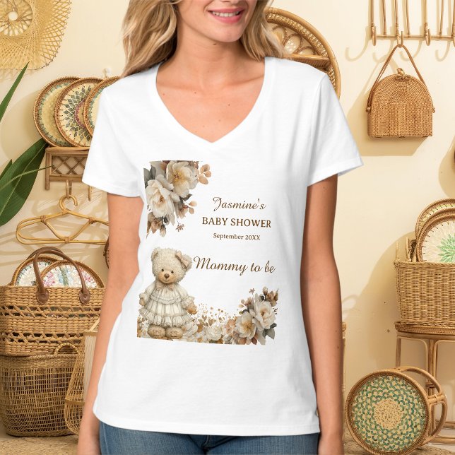 Floral Teddy Bear Mummy to Be Baby Shower T-Shirt (Creator Uploaded)