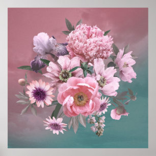 Floral template. Beautiful flowers peonies and iri Poster